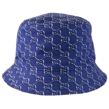 GUCCI 滿版撞色緹花LOGO棉質漁夫帽.深藍