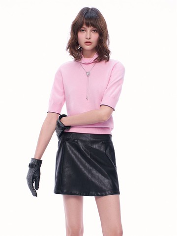 暗夜女伶一字造型口袋皮短裙