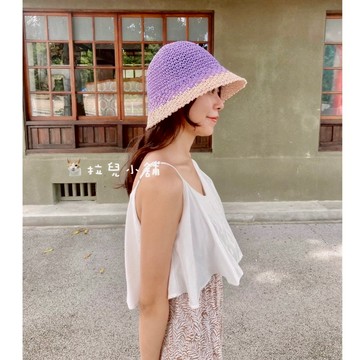 「拉兒小舖」台灣現貨-韓 草帽 夏天 紫色編織仙女草帽 大沿帽 遮陽帽 防曬帽 雙色手工編織草帽 可折疊