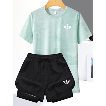 奧萊跑步健身冰絲短袖套裝女寬松大碼圓領T恤防走光三分褲瑜伽服