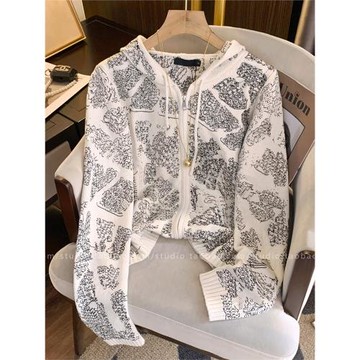 抽象圖案刺繡抽繩連帽針織外套女2025秋冬設計感休閑百搭毛衣開衫