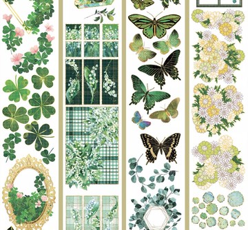 溫柔的遠山綠 (窗 蝶 四葉草) PET 和紙膠帶 燙金 10米卷 台灣製