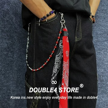 【DOUBLE4】紅黑珠褲鍊 頭巾 高品質 美式 日系 吊飾 CleanFit 掛鏈 褲鏈男 D29