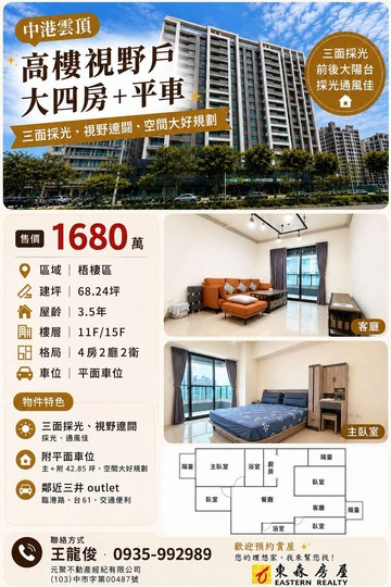 《中港雲頂》 高樓視野戶～大四房+平車｜台中市梧棲區大勇路