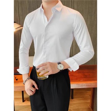 免燙白襯衫男長袖商務休閑上班修身職業裝男士純色暗門襟正裝襯衣