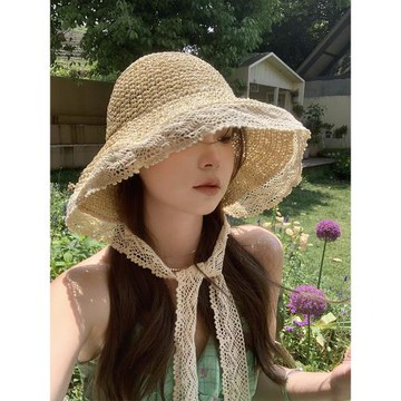 法式蕾絲花邊遮陽草帽女夏季大帽檐飄帶漁夫帽海邊可折疊太陽帽子