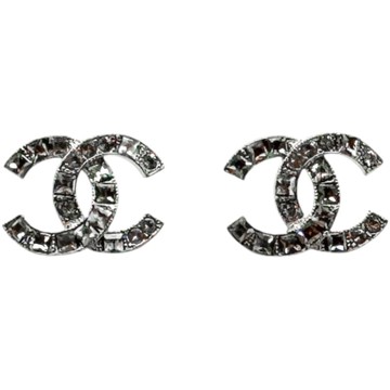 CHANEL 香奈兒 銀色鍍銀 COCO MARK pierced earrings 雙C水鑽 耳環 【二手名牌BRAND OFF】