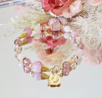 紅粉佳人-黃銅款-安德森長石/草莓晶/櫻花雨/人緣/愛情/水晶手鍊