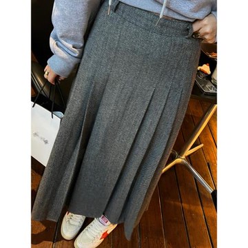 落落狷介 灰色a字半身裙女2025年毛呢新款設計感小眾百褶裙小個子