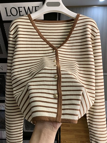 秋季新款慵懶風撞色條紋長袖短外套開衫毛衣針織衫V領上衣潮