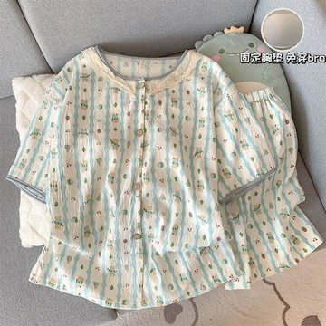 可可裡👛睡衣女夏季薄款帶胸墊短袖2025新款雲朵棉蕾絲甜美卡通夏天家居服超大碼