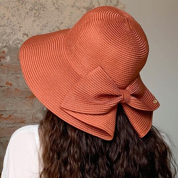 可折疊大帽沿防曬草帽-後開衩蝴蝶結-磚紅色 (56-58cm)