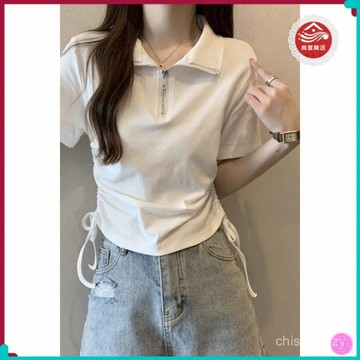 新款上市 桃園出貨🌸 【6514人收藏】短袖正肩T恤女夏裝2025新款法式POLO領拉鏈獨特別緻短款抽繩上衣 TWER