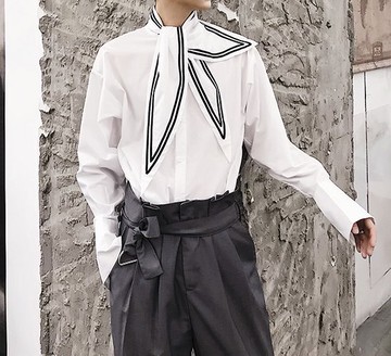 FINDSENSE H1 2018 秋季 新款 男 日本復古 質領打結水手領襯衫 喇叭袖長袖襯衫 休閒 潮上衣