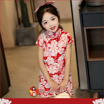 【水水女人國】～超Q版兒童唐裝旗袍～薔薇。復古改良式純棉燙金印花斜襟小女生日常百搭短旗袍連身洋裝
