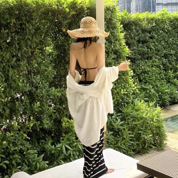 純欲風海島度假條紋長裙比基尼白色襯衫四件套辣妹沙灘拍照泳衣女