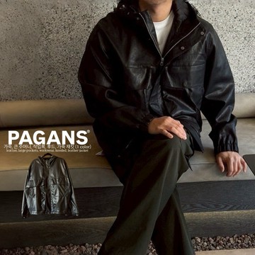【PAGANS STORE】韓國 復古 皮革 大口袋 亮皮 連帽外套 素面 鈕扣 皮外套 長袖 外套
