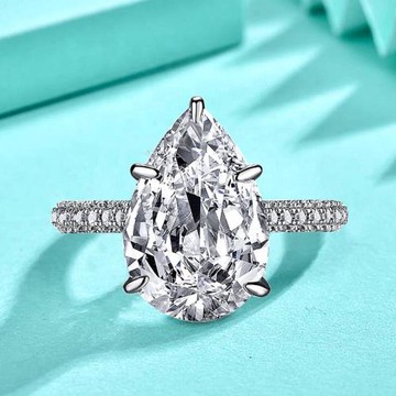 925純銀水滴錐形鋯石戒指女個性夸張鴿子蛋五爪鉆戒白金跨境手飾