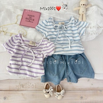 🌈✨mix1001 鄰家女孩條紋抓皺捲邊上衣✨兒童綁帶蝴蝶結木耳邊造型上衣 5-17