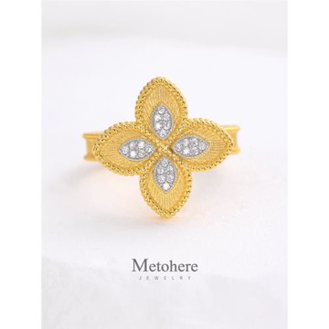 歐美 復古式宮廷閃耀鋯石瑪瑙十字花戒指 S925銀鍍金拉絲戒指 女