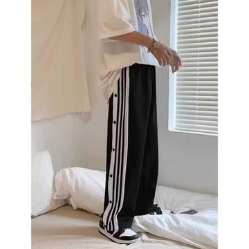 美式三杠褲子男款寬松直筒長褲籃球全開排扣褲春秋休閑運動闊腿褲