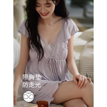 思莉太太帶胸墊睡衣女夏季性感蕾絲莫代爾棉短袖短褲純欲風家居服