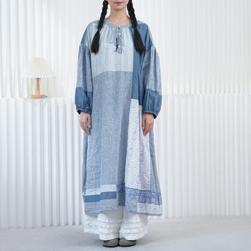 文藝拼布棉麻寬鬆大擺洋裝122143C