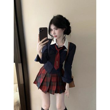 甜美奶乖軟妹風套裝春秋甜辣長袖襯衣學院jk制服格子百褶裙兩件套