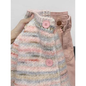 超好看彩虹條紋毛衣外套女秋冬2025新款爆款慵懶風高級感上衣開衫