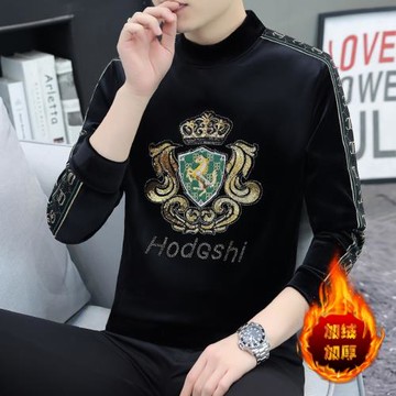 高檔時尚秋冬男士半高領加絨衛衣印花休閑免燙套頭2024年新款上衣