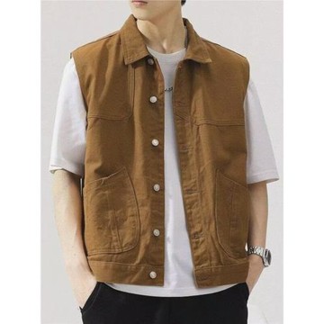 美式復古土黃色工裝馬甲男春秋坎肩背心翻領馬夾無袖牛仔夾克外套