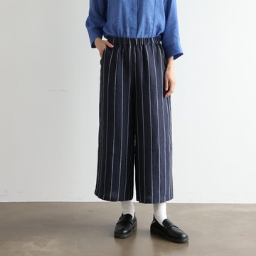 修身設計  100%亞麻條紋寬褲  舒適時尚 行動自如 250405-1