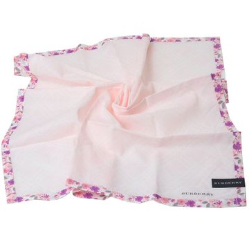 BURBERRY 巴寶莉 優雅斜格紋繽紛花朵圖騰滾邊品牌字母LOGO棉質大帕領巾(粉紅系/56CM)