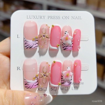 ✨Hannah✨2025純手工製作穿戴美甲複古氣質高級感花朵法式手繪絲帶純手工穿戴甲 WA2Q