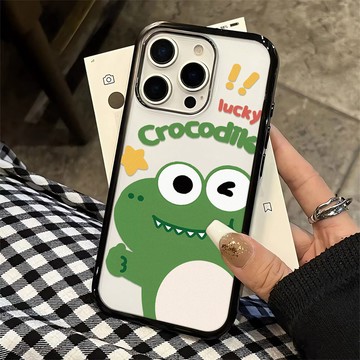點贊卡通鱷魚適用蘋果iPhone17Pro 16 15 14 13 12 11 Pro Max黑邊透明亞克力防摔手機殼