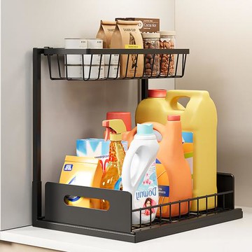 【COMET】36x27cm雙層抽拉式置物架(抽拉籃置物架 下水槽置物架 廚房置物架 廚房收納 收納架/E207)