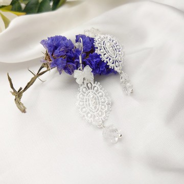 天然白水晶蕾絲耳環 鍍銀合金耳勾