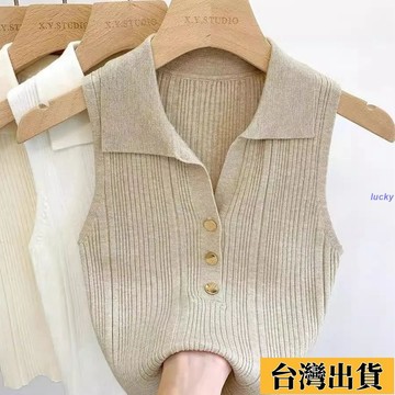 ⚡免運【新品上新】🌸polo翻領薄款修身吊帶外穿背心女春夏新款冰絲針織坎肩無袖小上衣 無袖上衣 韓版背心