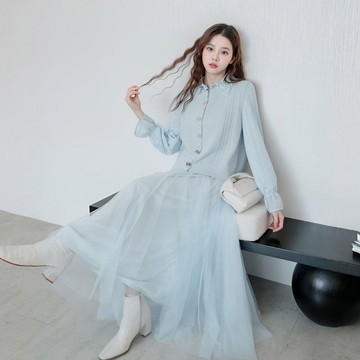 現貨★二件式!珍珠蝴蝶結釦背心+蕾絲領珍珠排釦洋裝(共2色)1021 【NR2190】