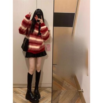紅色撞色條紋長絨軟糯水貂毛套頭毛衣慵懶愛心胸針針織衫加厚上衣