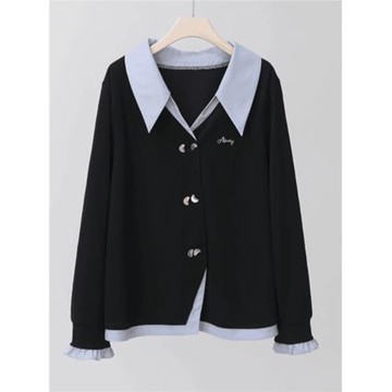 胖佳大碼女裝假兩件外套春季新款胖mm顯瘦木耳邊長袖開衫別致上衣