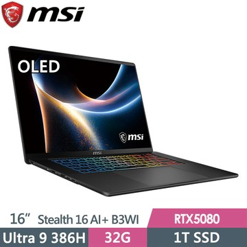 "msi Stealth 16 AI+ B3WI-006TW(Ultra 9 386H/32G/1T SSD/RTX5080-16G/16\"QHD+/W11P)電競筆電"