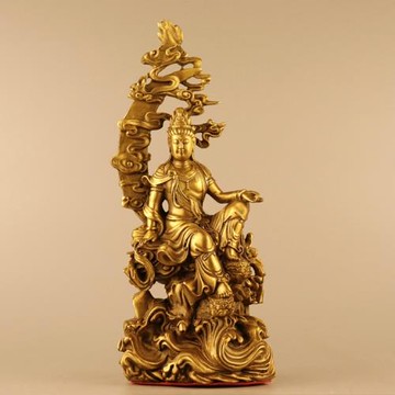 純黃銅精工人物佛像自在觀音月亮觀音風水家居裝飾工藝品桌面擺件