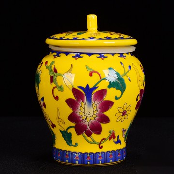 陶瓷茶葉罐壇茶具中號小號密封罐琺瑯彩帝王黃瑯彩普洱密封罐茶罐