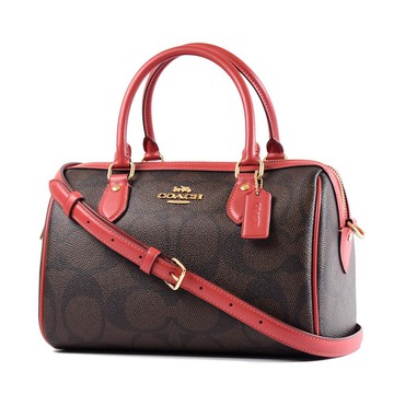 COACH 配色大C防刮皮革手提斜背二用波士頓包-咖啡紅