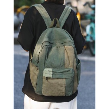 背不爛休閑復古百搭日系拼接色塊帆布雙肩包女學生大容量書包男