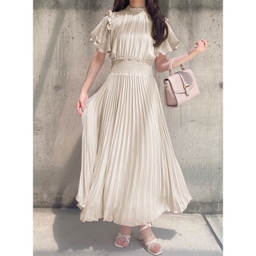 日本 GRL - 甜美時光收腰百摺短袖洋裝-米杏