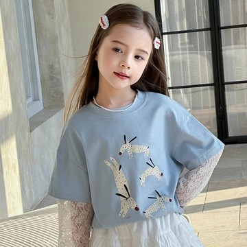 TUTU - 甜美圓領假兩件蕾絲拼袖上衣-卡通印花-藍色