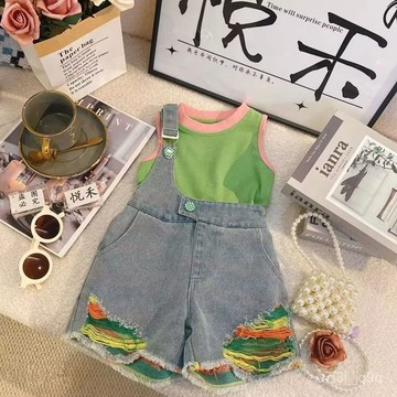 M甜酷美式破洞毛邊單肩牛仔背帶褲2025年夏季新款拚接套裝