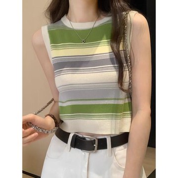 夏日多巴胺撞色條紋針織背心女2025新款外穿修身甜辣無袖吊帶上衣